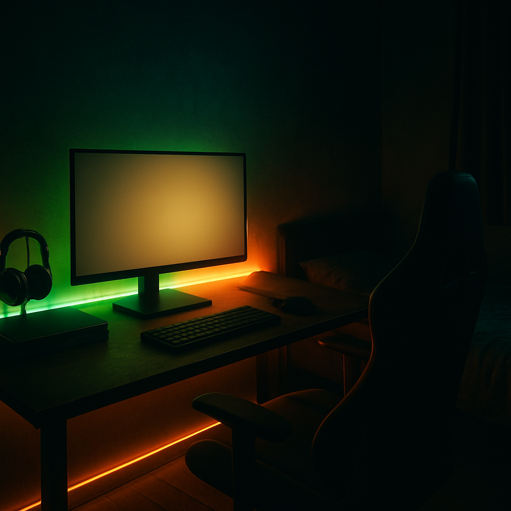 Atmospheric gamer setup with neon lighting